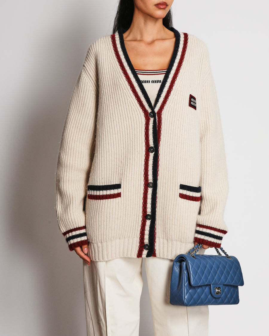 Miu Miu Cream Cashmere V-Neck Cardigan with Logo Detail and Striped Trim Size FR 36 (UK 8)