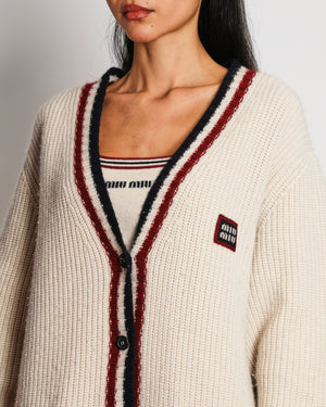 Miu Miu Cream Cashmere V-Neck Cardigan with Logo Detail and Striped Trim Size FR 36 (UK 8)