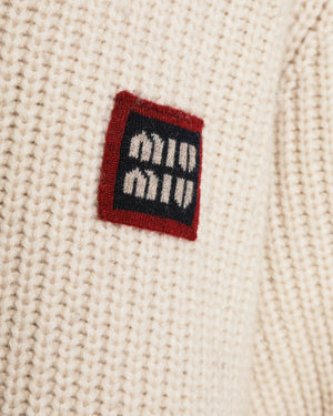 Miu Miu Cream Cashmere V-Neck Cardigan with Logo Detail and Striped Trim Size FR 36 (UK 8)