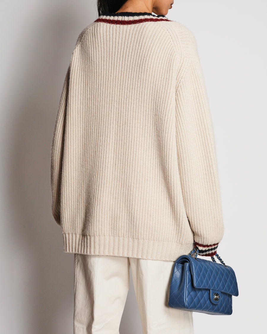 Miu Miu Cream Cashmere V-Neck Cardigan with Logo Detail and Striped Trim Size FR 36 (UK 8)