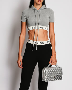 Celine Grey Ribbed Knit Hooded Crop Top with Logo Band Size XS (UK 6)