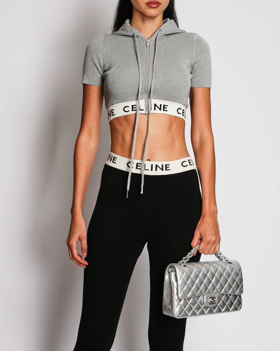 Celine Grey Ribbed Knit Hooded Crop Top with Logo Band Size XS (UK 6)