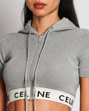 Celine Grey Ribbed Knit Hooded Crop Top with Logo Band Size XS (UK 6)