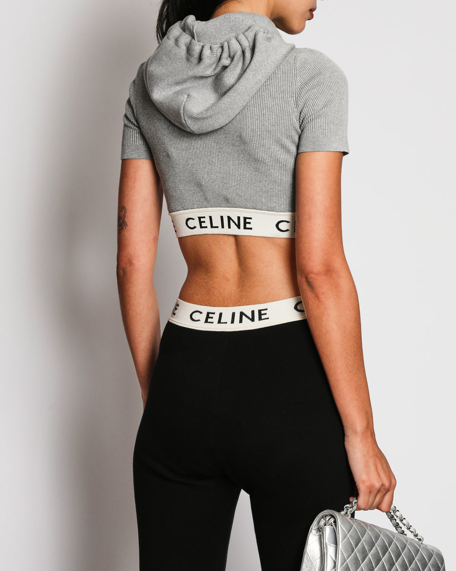 Celine Grey Ribbed Knit Hooded Crop Top with Logo Band Size XS (UK 6)