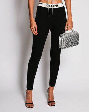 Celine Black Athletic Knit Leggings with Logo Waistband Size L (UK 12)