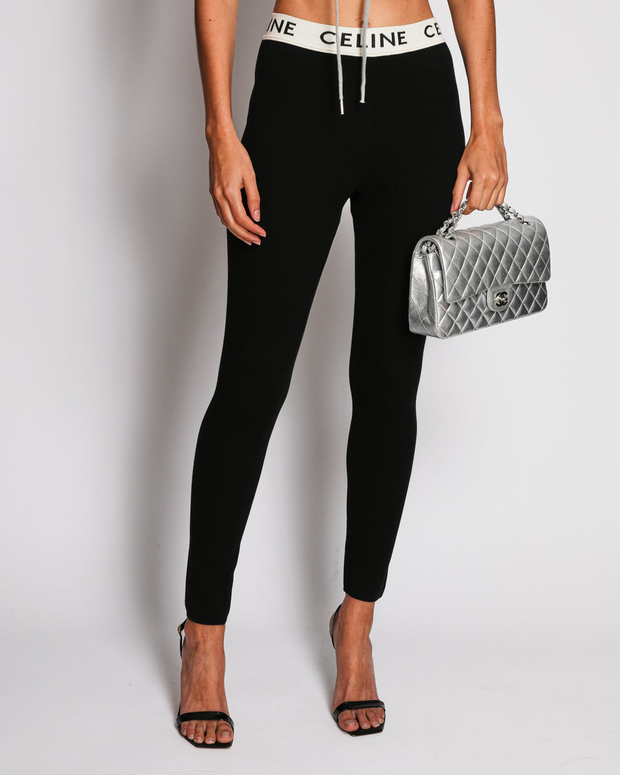 Celine Black Athletic Knit Leggings with Logo Waistband Size L (UK 12)