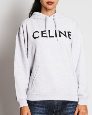 Celine Light Grey Hooded Jumper with Black Logo Detail Size S (UK 8)