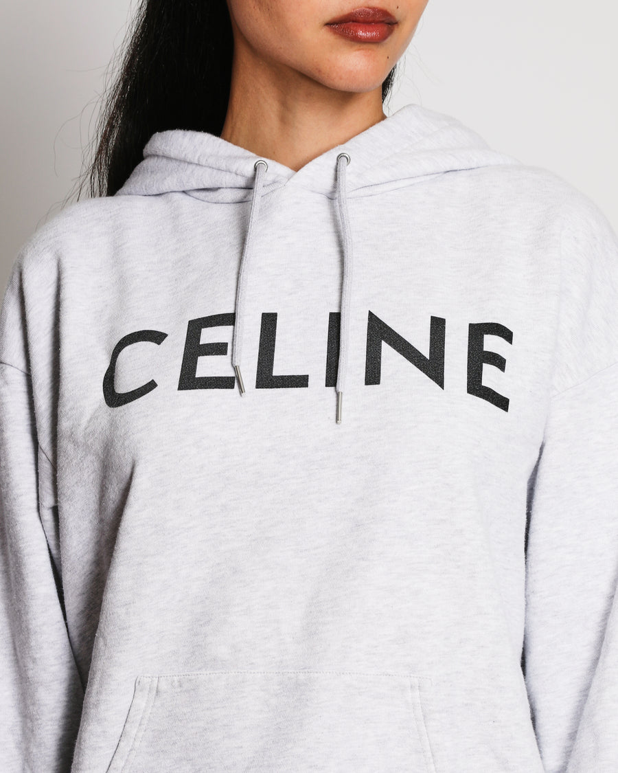 Celine Light Grey Hooded Jumper with Black Logo Detail Size S (UK 8)