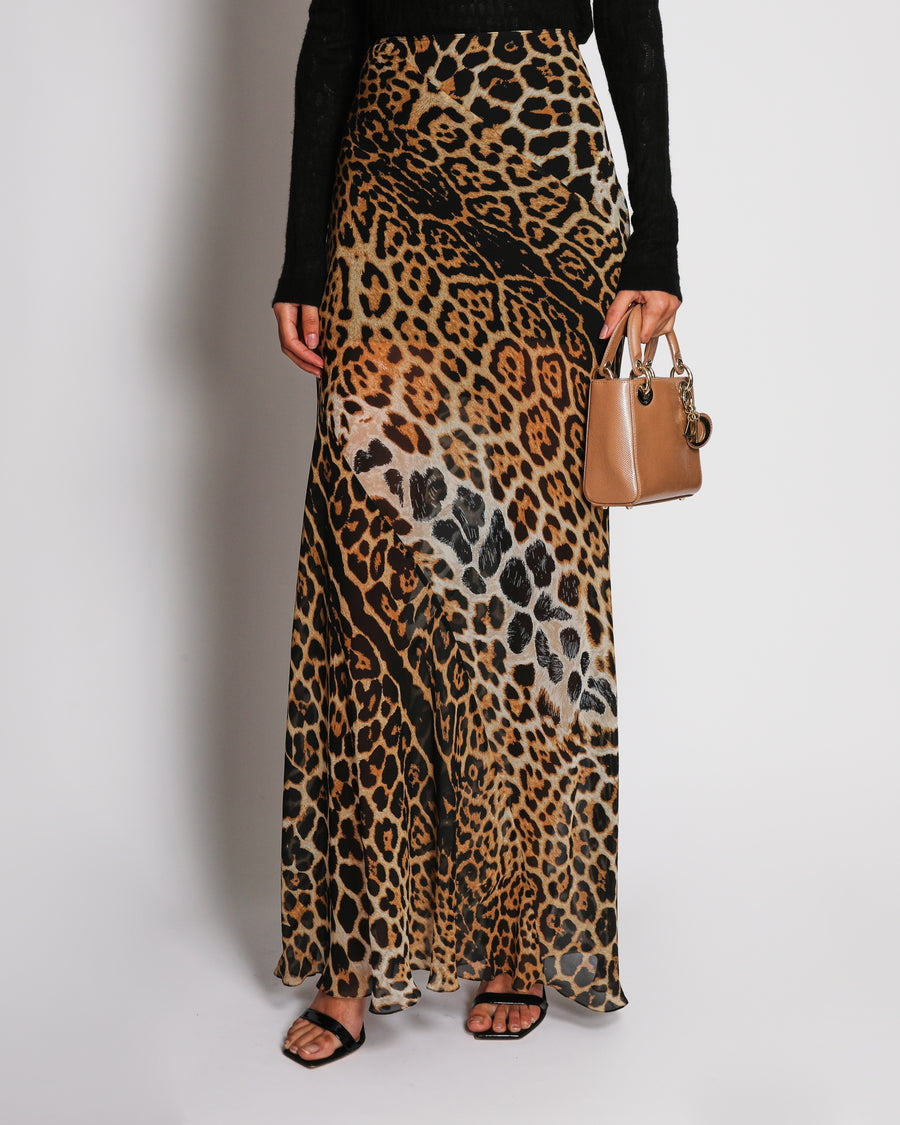 Saint Laurent Leopard Print Silk Chiffon Maxi Skirt Size FR 40 (UK 12)
