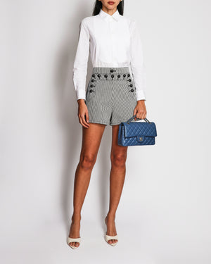 Christian Dior White and Navy Striped High-Waisted Shorts with Black Button Details Size FR 40 (UK 12)