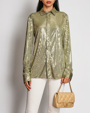 Bottega Veneta Pre-Spring 2020 Green Sequin Embellished Satin Jersey Shirt Size IT 42 (UK 10)