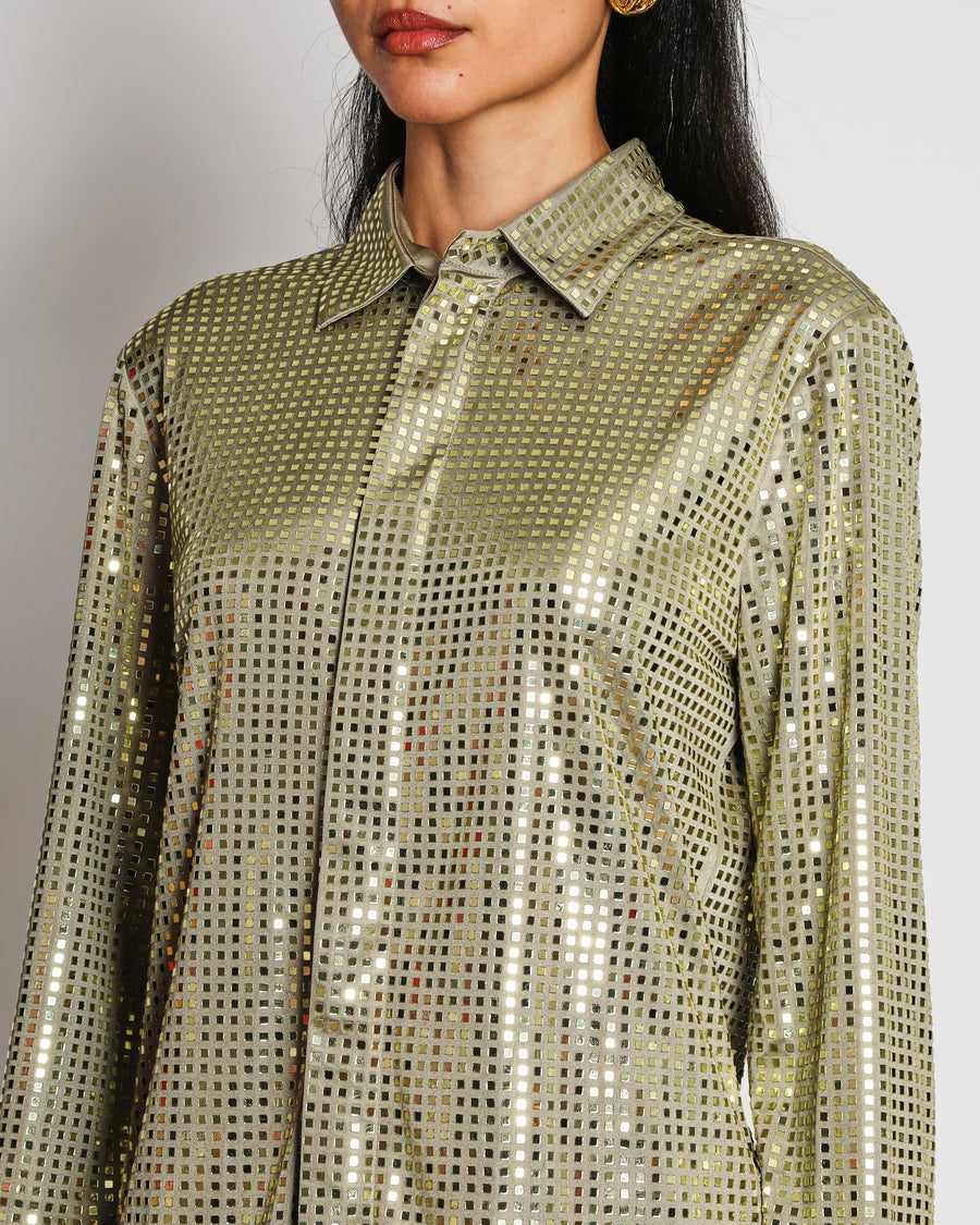 Bottega Veneta Pre-Spring 2020 Green Sequin Embellished Satin Jersey Shirt Size IT 42 (UK 10)