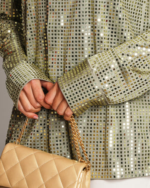 Bottega Veneta Pre-Spring 2020 Green Sequin Embellished Satin Jersey Shirt Size IT 42 (UK 10)