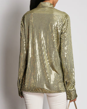 Bottega Veneta Pre-Spring 2020 Green Sequin Embellished Satin Jersey Shirt Size IT 42 (UK 10)