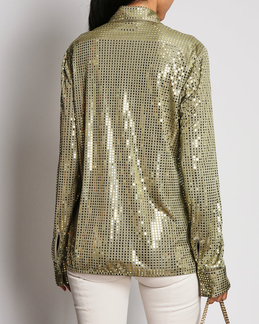 Bottega Veneta Pre-Spring 2020 Green Sequin Embellished Satin Jersey Shirt Size IT 42 (UK 10)