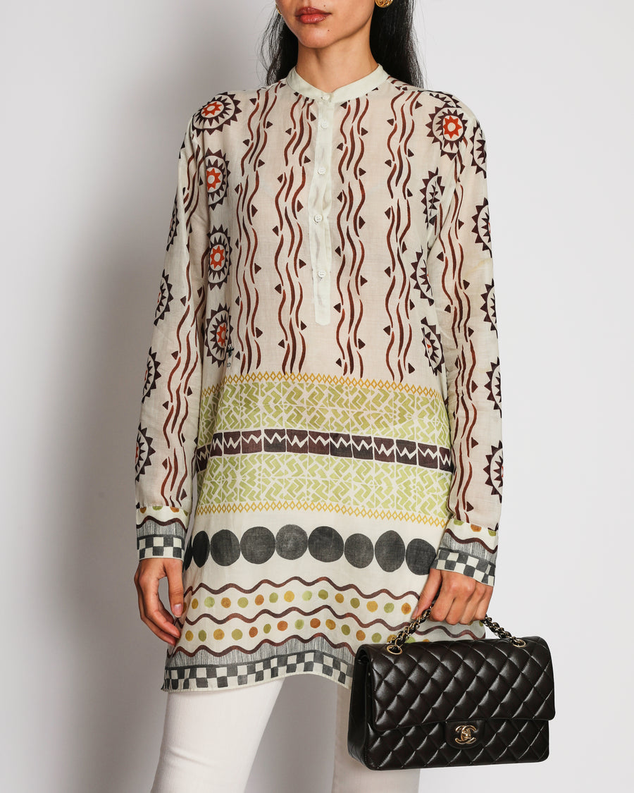 Christian Dior Cream Sheer Long Sleeve Cotton Tunic Dress with Bohemian-Style Geometric Print FR 38 (UK 10)