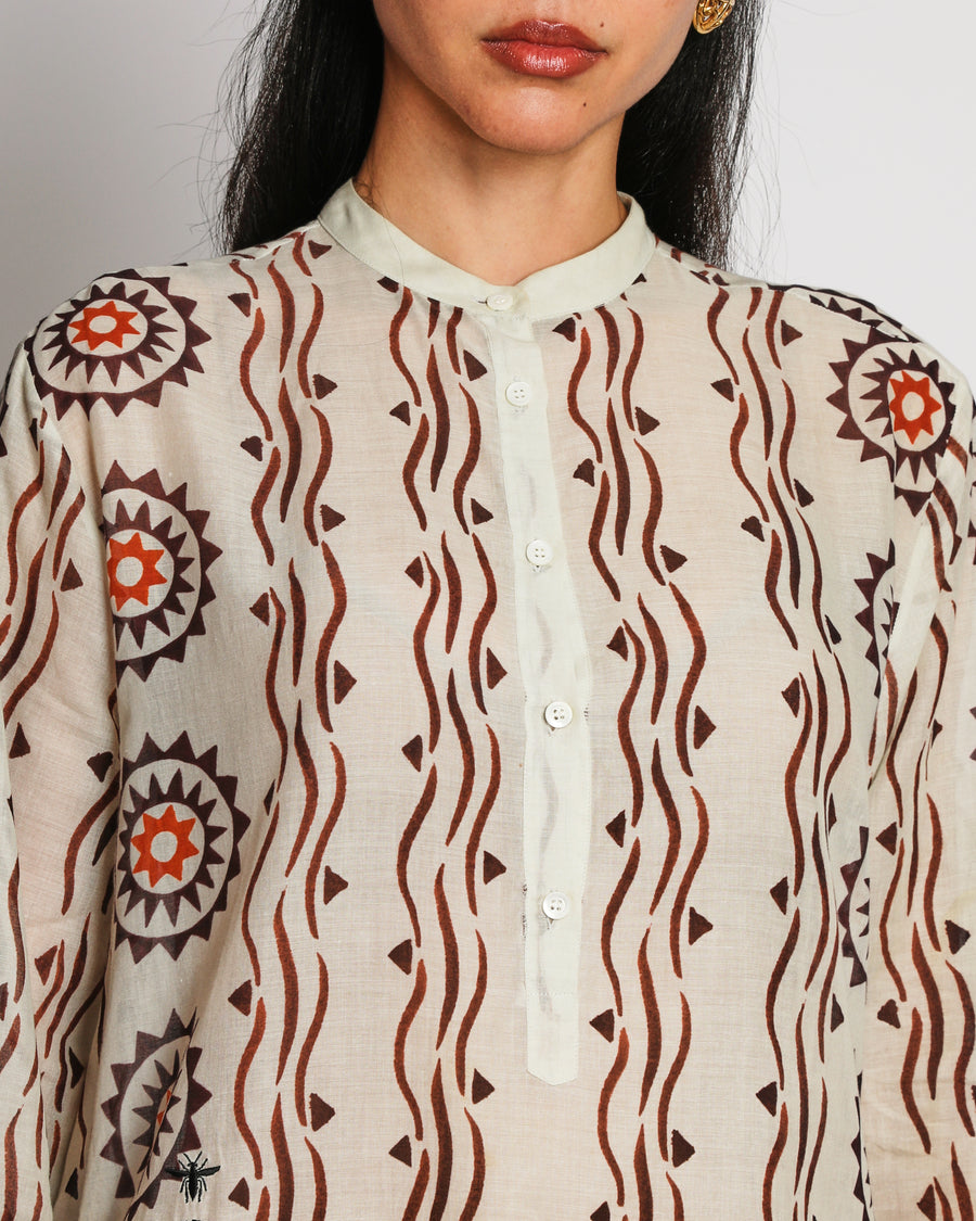 Christian Dior Cream Sheer Long Sleeve Cotton Tunic Dress with Bohemian-Style Geometric Print FR 38 (UK 10)