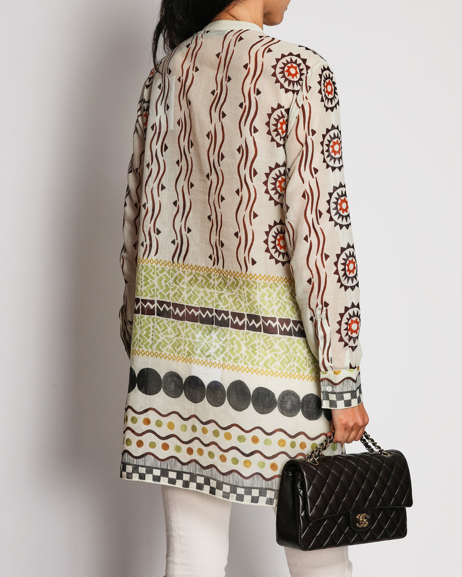 Christian Dior Cream Sheer Long Sleeve Cotton Tunic Dress with Bohemian-Style Geometric Print FR 38 (UK 10)