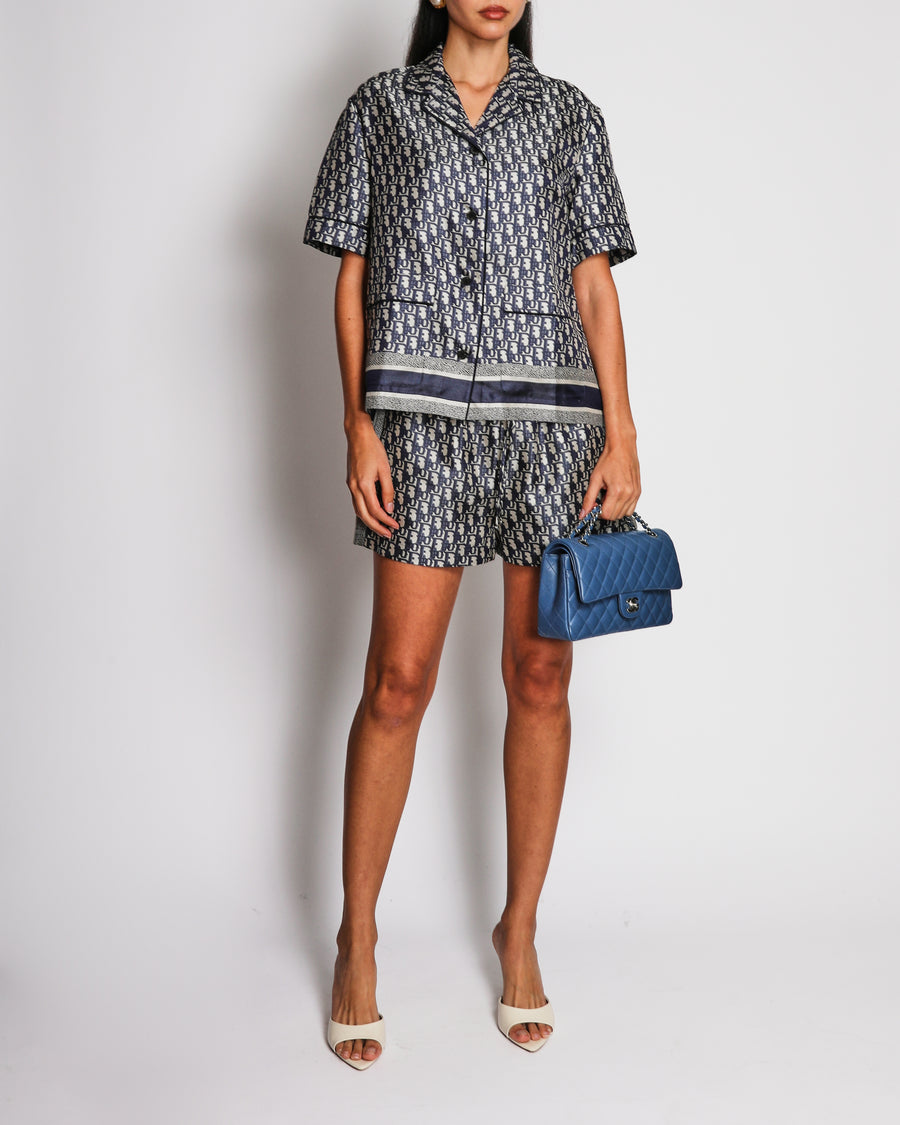 Christian Dior Navy and White Silk Oblique Printed Short-Sleeved Shirt and Shorts Set Size FR 38 (UK 10)
