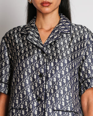 Christian Dior Navy and White Silk Oblique Printed Short-Sleeved Shirt and Shorts Set Size FR 38 (UK 10)