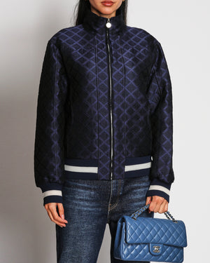 Chanel 18S Navy Bomber Jacket with Textured Diamond Pattern Design and a Silver CC Zip Detail Size FR 38 (UK 10)