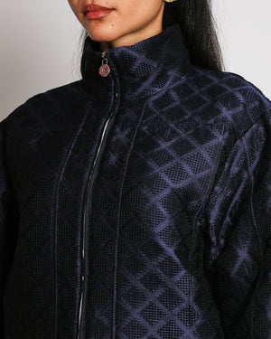 Chanel 18S Navy Bomber Jacket with Textured Diamond Pattern Design and a Silver CC Zip Detail Size FR 38 (UK 10)