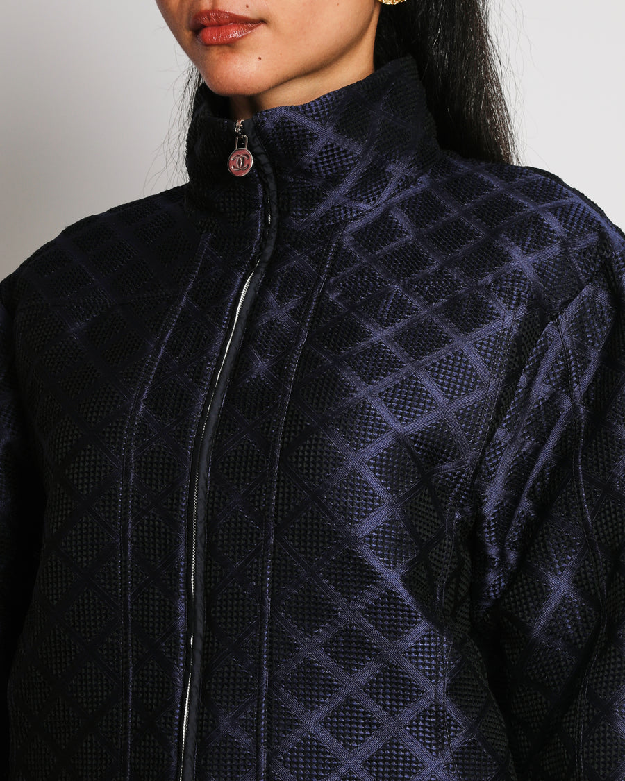 Chanel 18S Navy Bomber Jacket with Textured Diamond Pattern Design and a Silver CC Zip Detail Size FR 38 (UK 10)