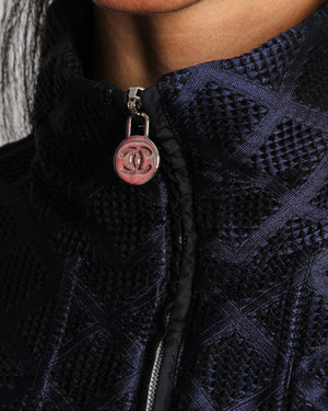 Chanel 18S Navy Bomber Jacket with Textured Diamond Pattern Design and a Silver CC Zip Detail Size FR 38 (UK 10)