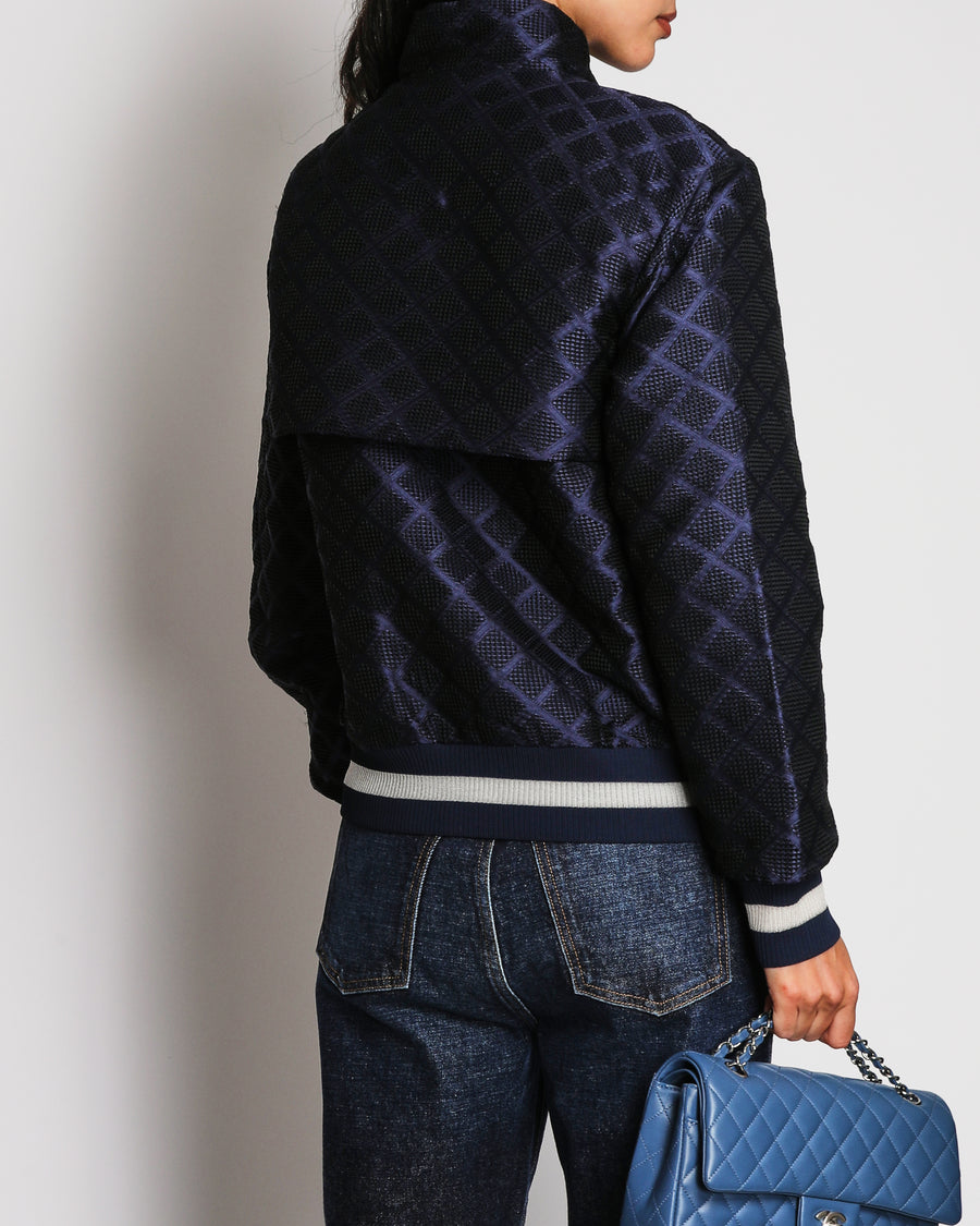 Chanel 18S Navy Bomber Jacket with Textured Diamond Pattern Design and a Silver CC Zip Detail Size FR 38 (UK 10)