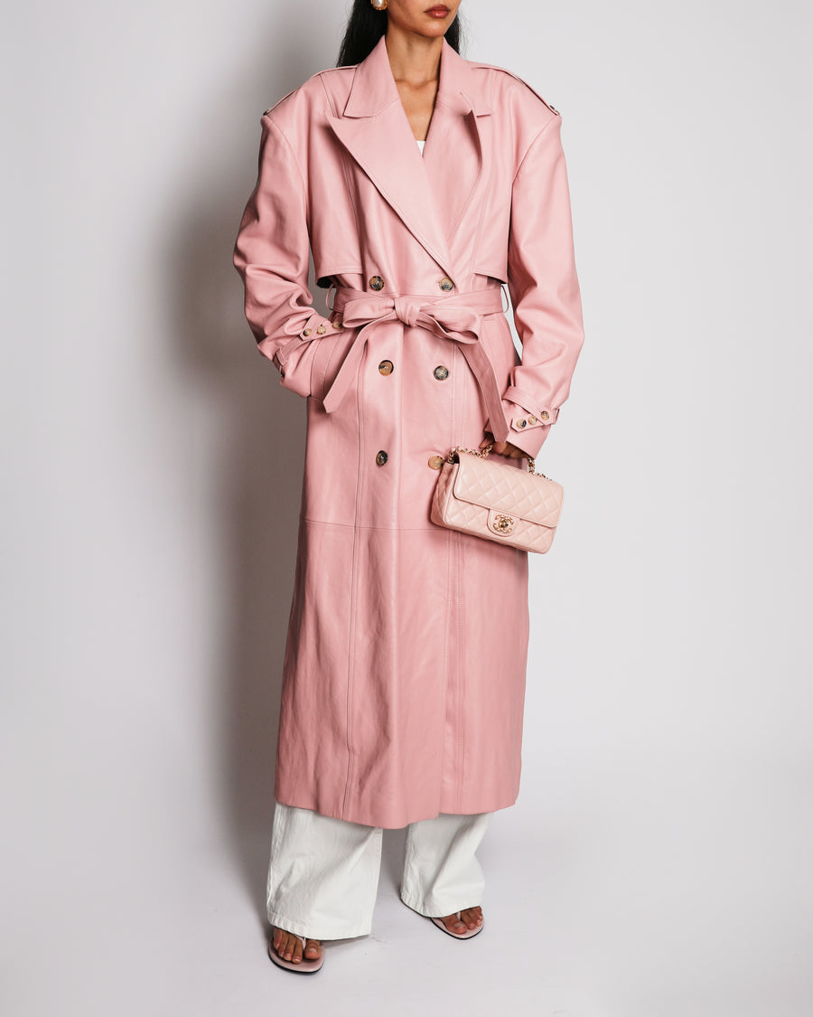 Magda Butrym Pink Leather Trench Coat with Attached Belt Details Size FR 36 (UK 8)
