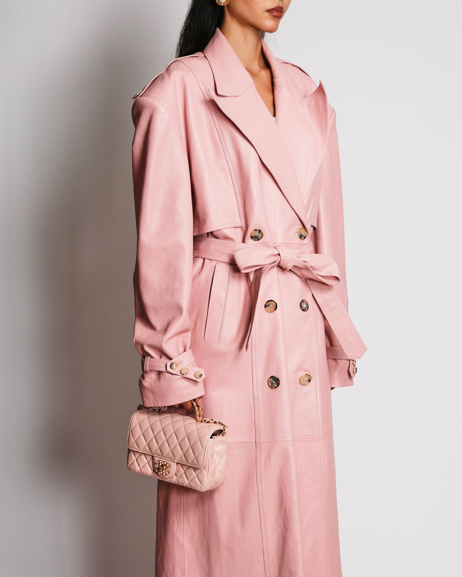 Magda Butrym Pink Leather Trench Coat with Attached Belt Details Size FR 36 (UK 8)