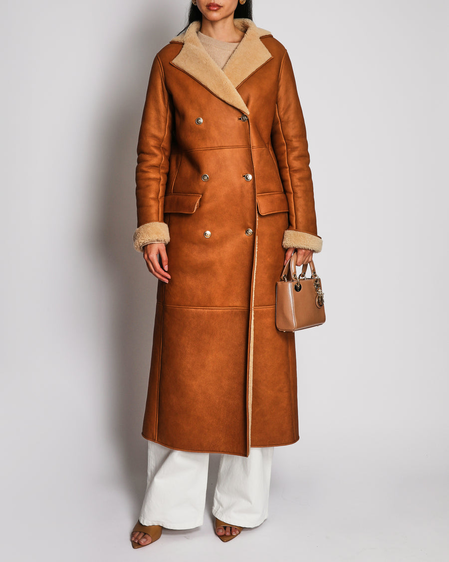 Chanel 2024 Brown Tan Leather Shearling Long Coat with Pockets and CC Detail Buttons Size FR 36 (UK 8)