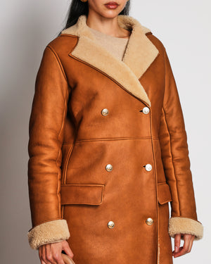 Chanel 2024 Brown Tan Leather Shearling Long Coat with Pockets and CC Detail Buttons Size FR 36 (UK 8)
