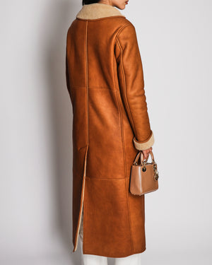 Chanel 2024 Brown Tan Leather Shearling Long Coat with Pockets and CC Detail Buttons Size FR 36 (UK 8)