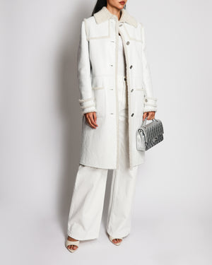 Chanel 2021 White Patent Leather Shearling Long Coat with Pockets and CC Detail Buttons Size FR 38 (UK 10)