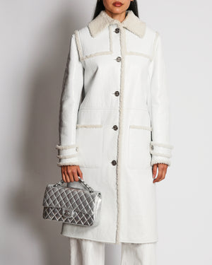 Chanel 2021 White Patent Leather Shearling Long Coat with Pockets and CC Detail Buttons Size FR 38 (UK 10)