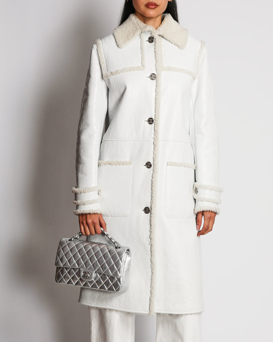 Chanel 2021 White Patent Leather Shearling Long Coat with Pockets and CC Detail Buttons Size FR 38 (UK 10)