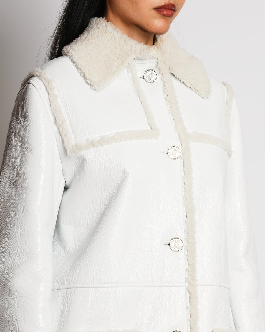 Chanel 2021 White Patent Leather Shearling Long Coat with Pockets and CC Detail Buttons Size FR 38 (UK 10)