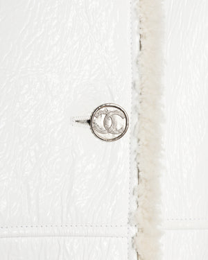 Chanel 2021 White Patent Leather Shearling Long Coat with Pockets and CC Detail Buttons Size FR 38 (UK 10)
