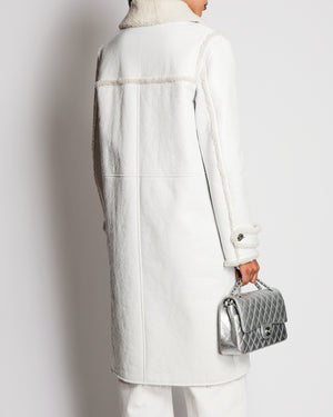 Chanel 2021 White Patent Leather Shearling Long Coat with Pockets and CC Detail Buttons Size FR 38 (UK 10)