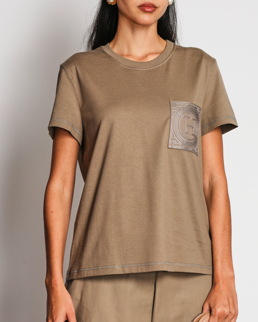 Hermès Etoupe Embroidered Pocket T-Shirt Size FR 42 (UK 14)