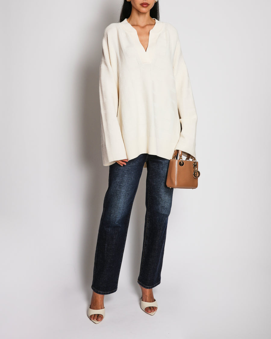 Hermès Cream H Print Jacquard V-Neck Wool Jumper Size FR 42 (UK 14)