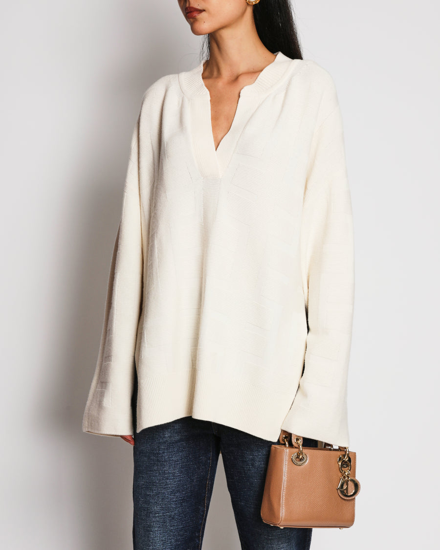 Hermès Cream H Print Jacquard V-Neck Wool Jumper Size FR 42 (UK 14)