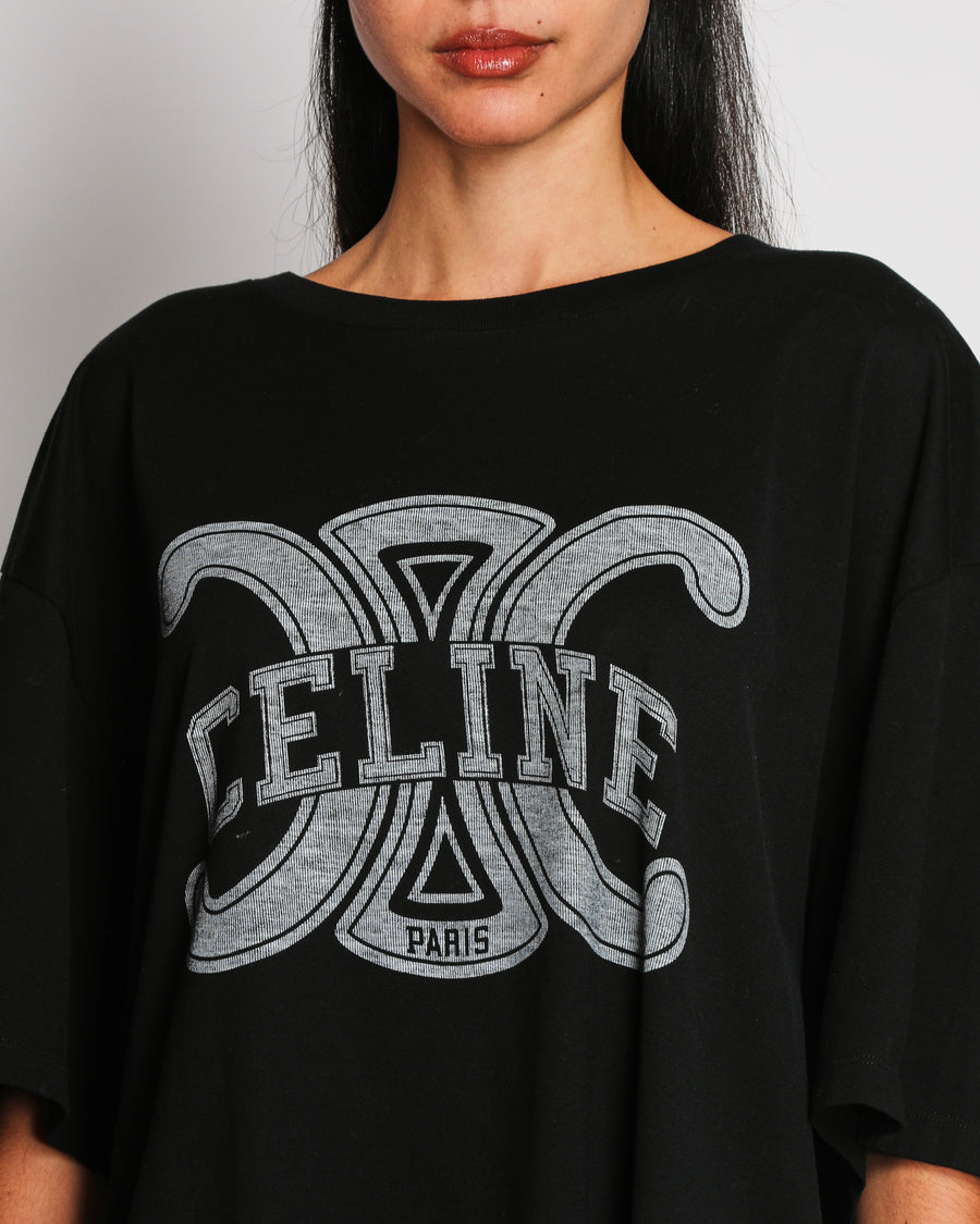 Celine Black Triomphe Logo Print T-Shirt Size M (UK 10-12)