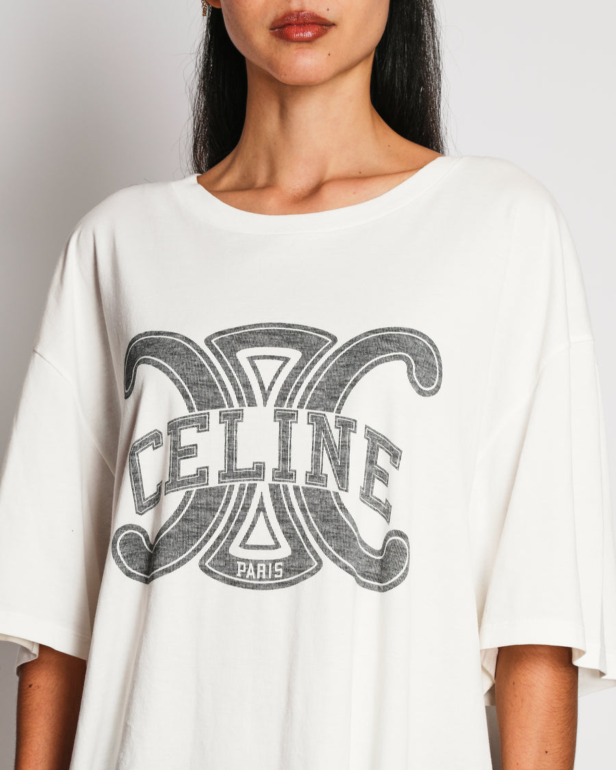 Celine White Logo Oversized T-Shirt Size M (UK 10-12)