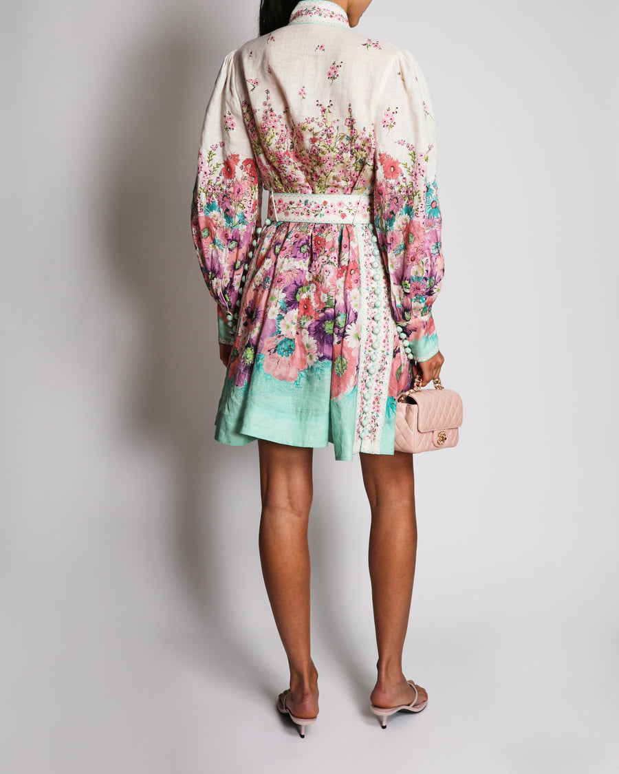 Zimmermann Pink Jude Floral Print Linen Mini Dress Size 4 (UK 16)