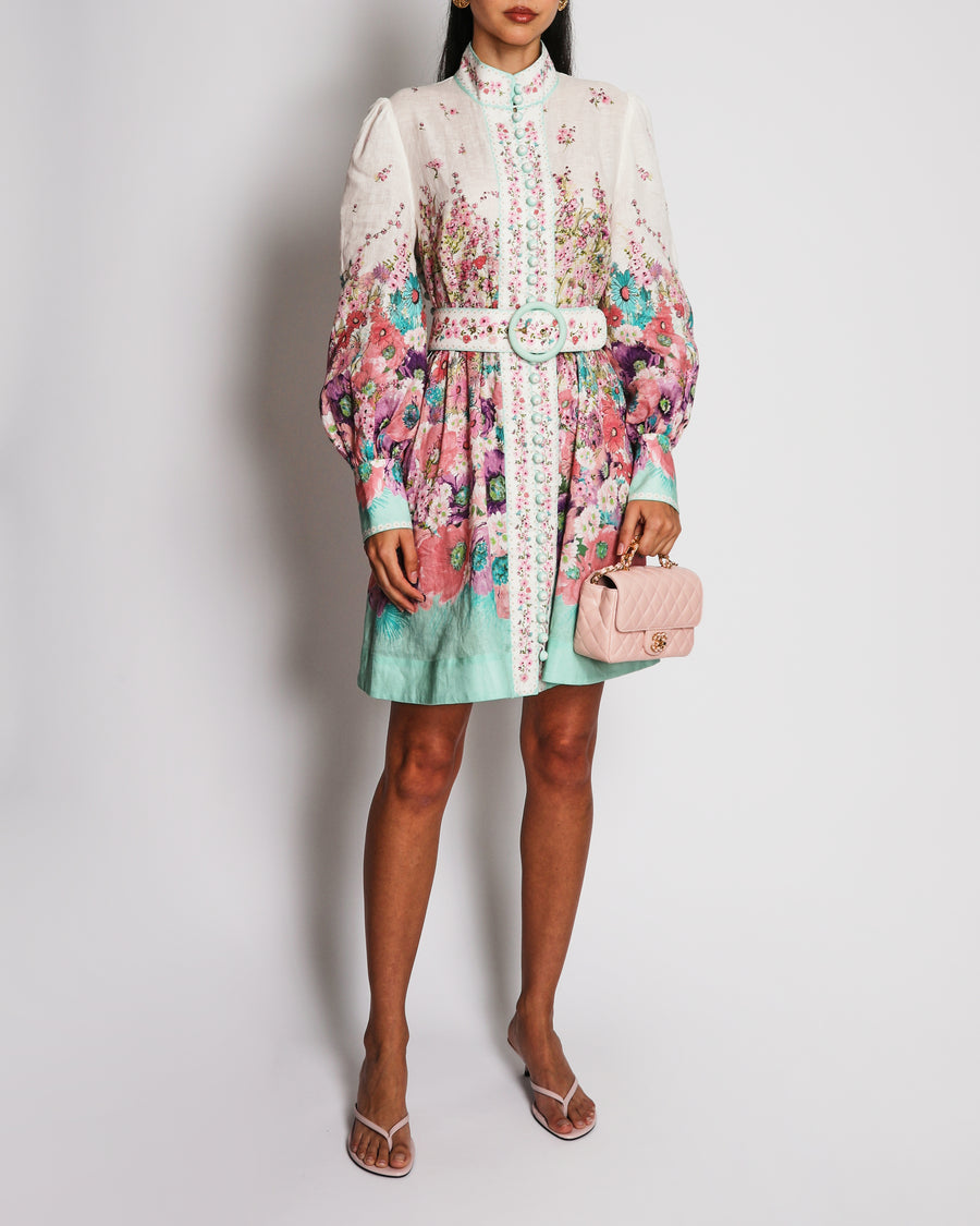 Zimmermann Pink Jude Floral Print Linen Mini Dress Size 4 (UK 16)