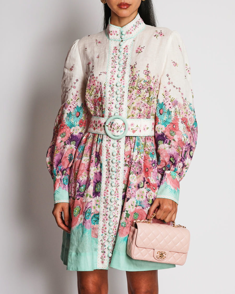 Zimmermann Pink Jude Floral Print Linen Mini Dress Size 4 (UK 16)