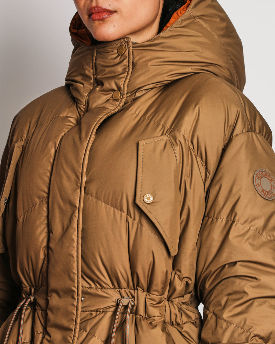 Hermès Tan and Orange Reversible Long-Line Puffer Down Coat FR 38 (UK 10)