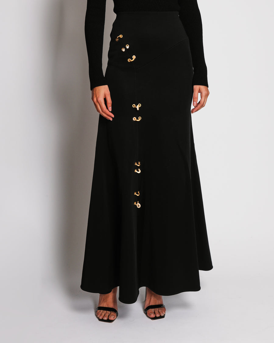 Schiaparelli Black Maxi Skirt With Gold Bijoux Hardware Hook Detail Size FR 34 (UK 6)